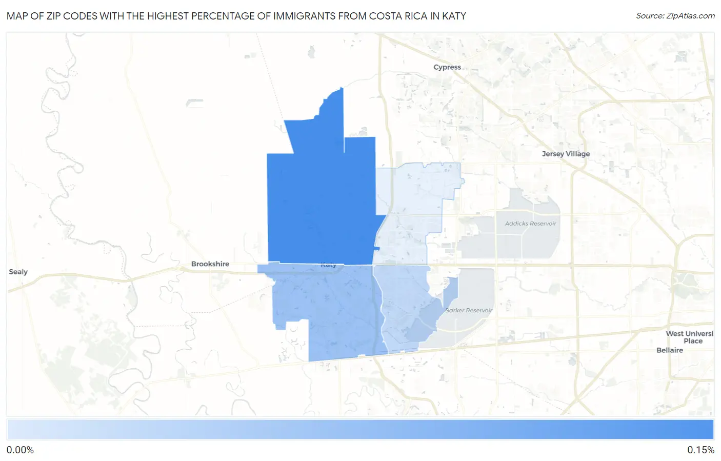 Zip Codes with the Highest Percentage of Immigrants from Costa Rica in Katy Map
