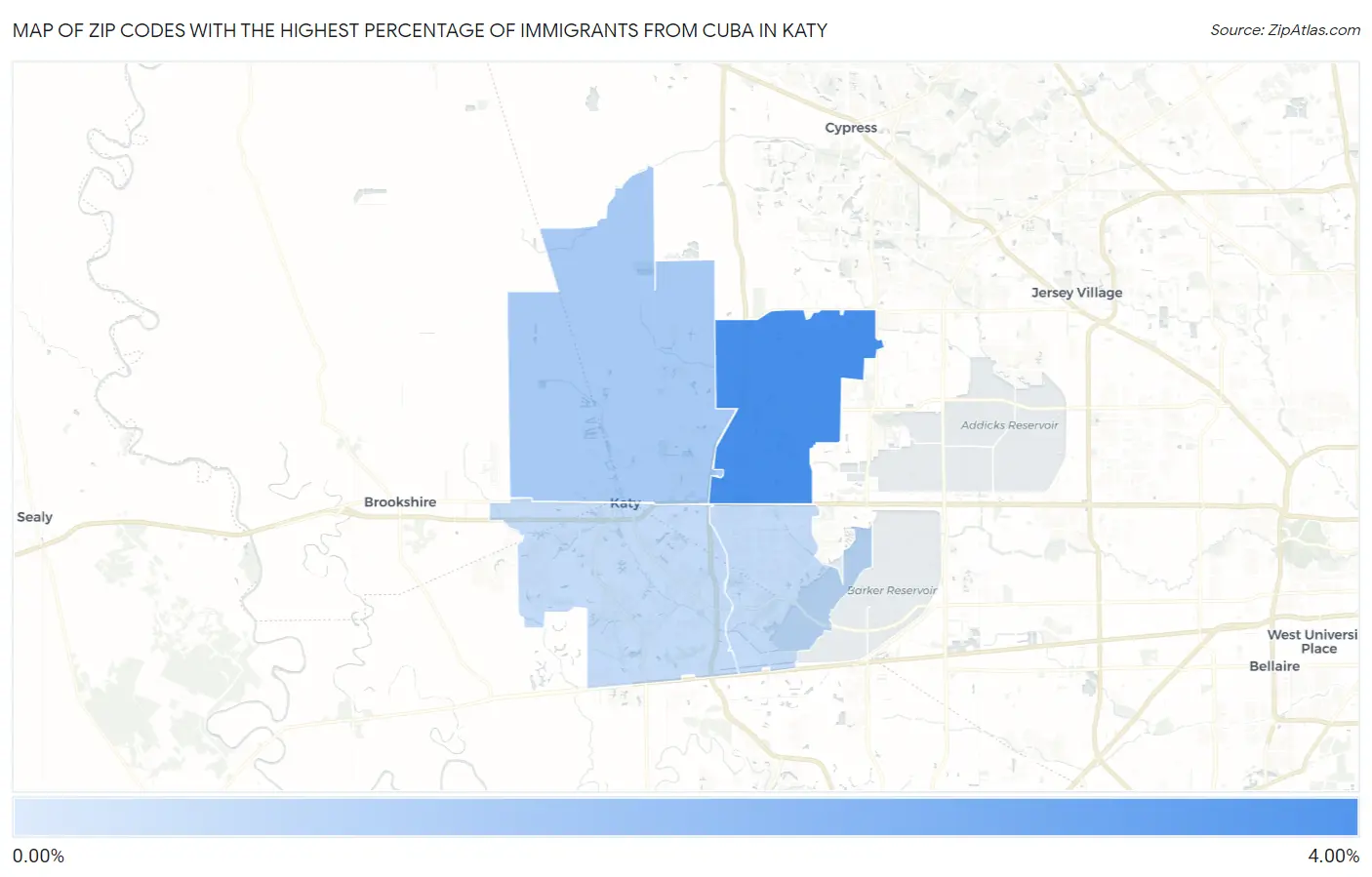 Zip Codes with the Highest Percentage of Immigrants from Cuba in Katy Map