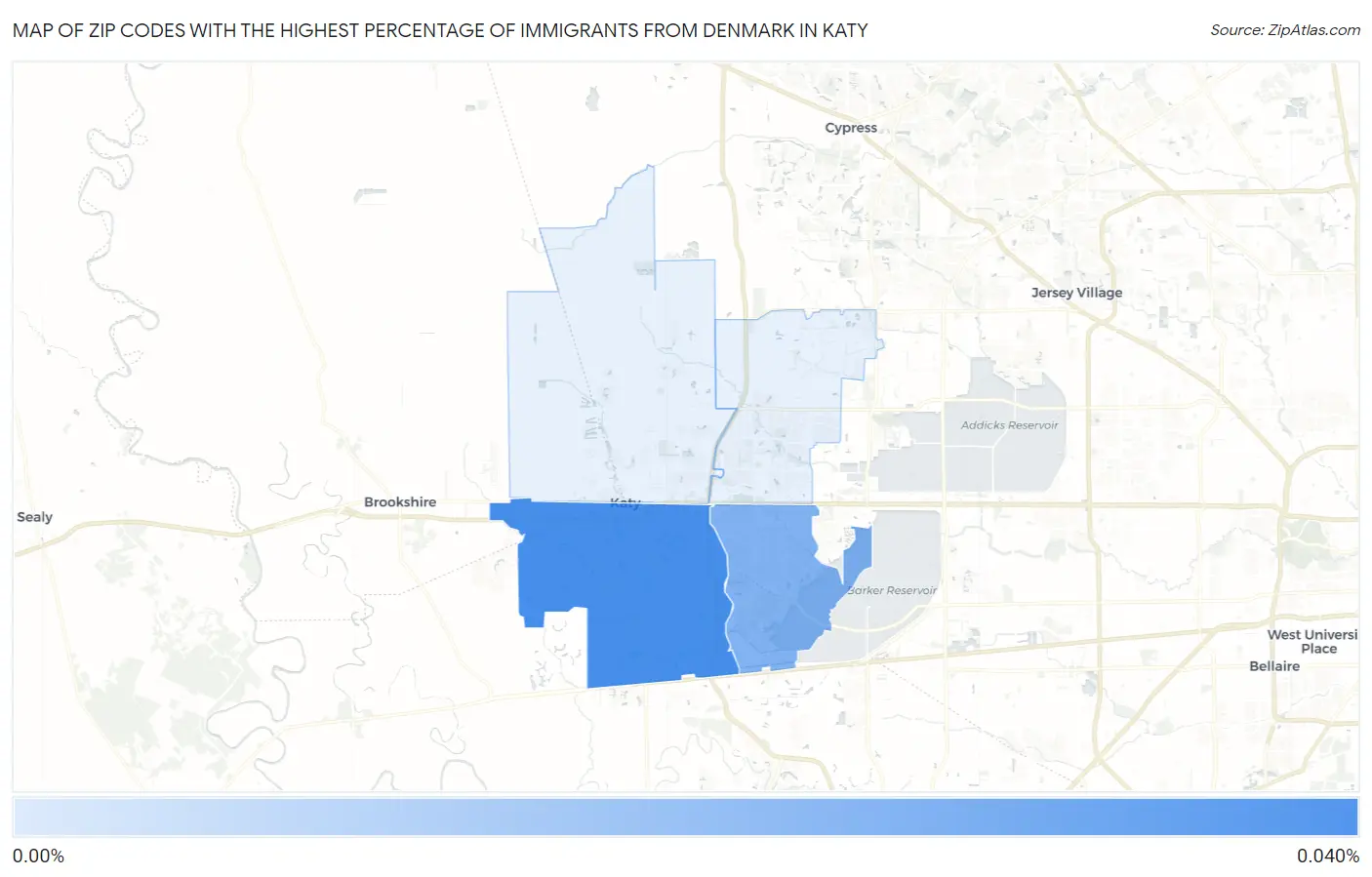 Zip Codes with the Highest Percentage of Immigrants from Denmark in Katy Map