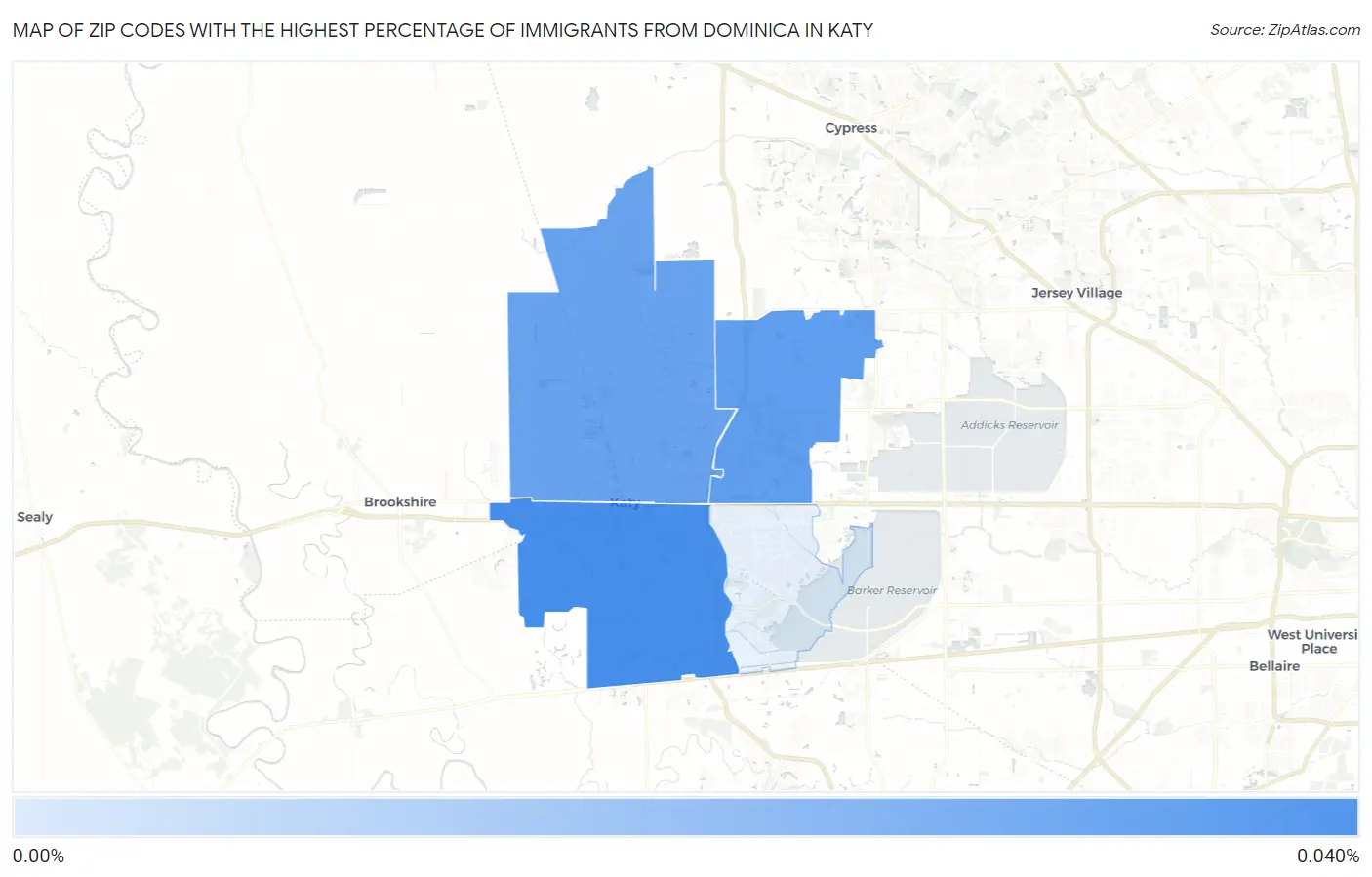 Zip Codes with the Highest Percentage of Immigrants from Dominica in Katy Map