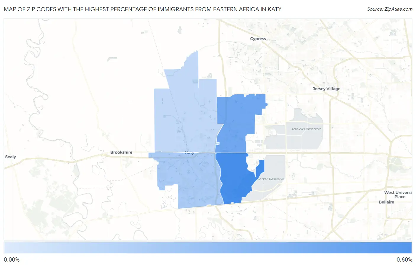 Zip Codes with the Highest Percentage of Immigrants from Eastern Africa in Katy Map