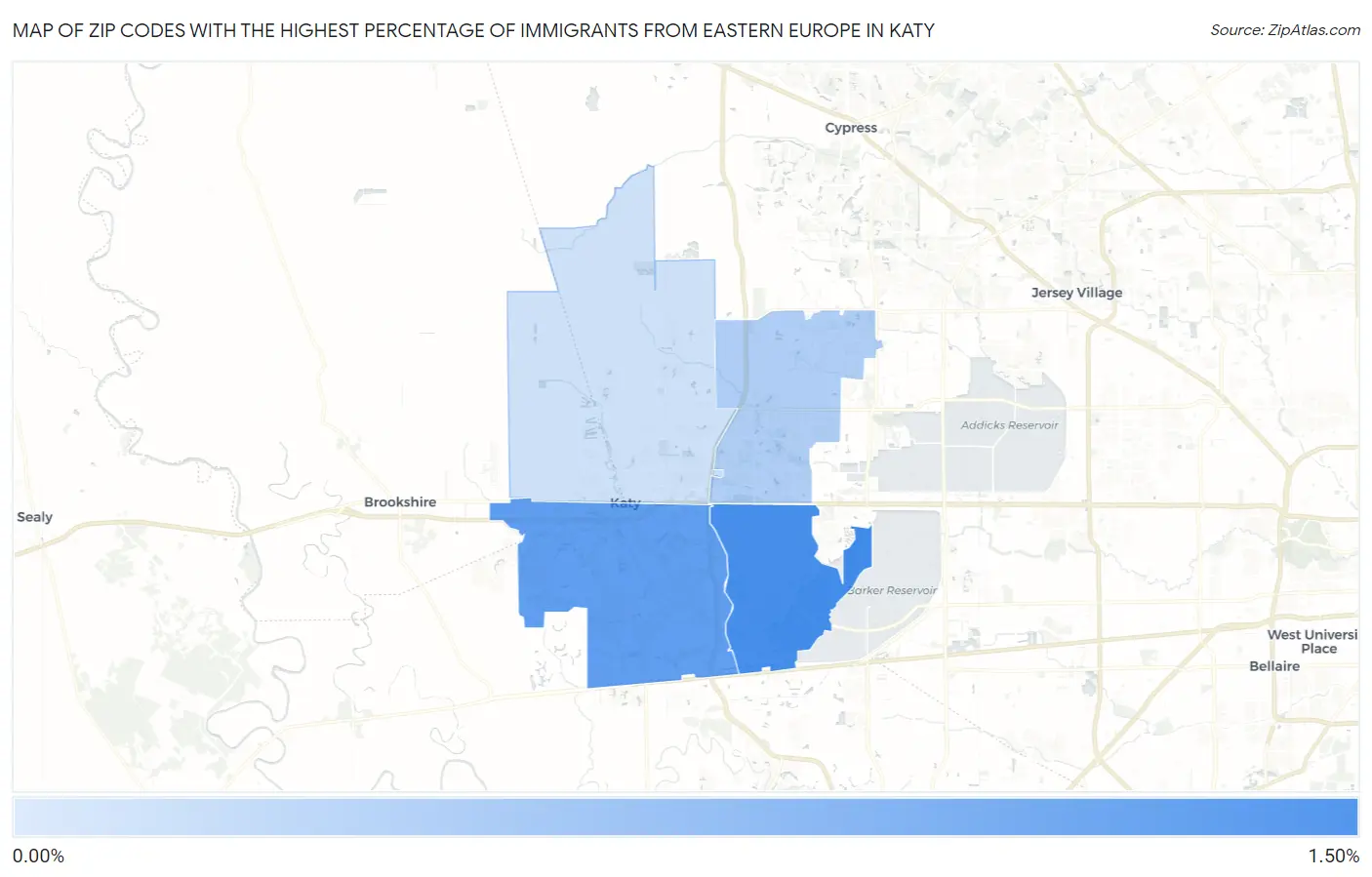 Zip Codes with the Highest Percentage of Immigrants from Eastern Europe in Katy Map