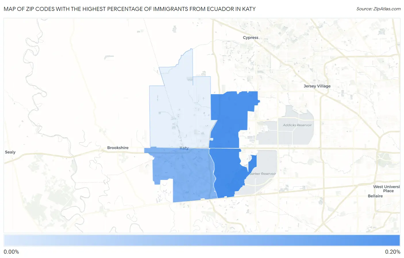 Zip Codes with the Highest Percentage of Immigrants from Ecuador in Katy Map