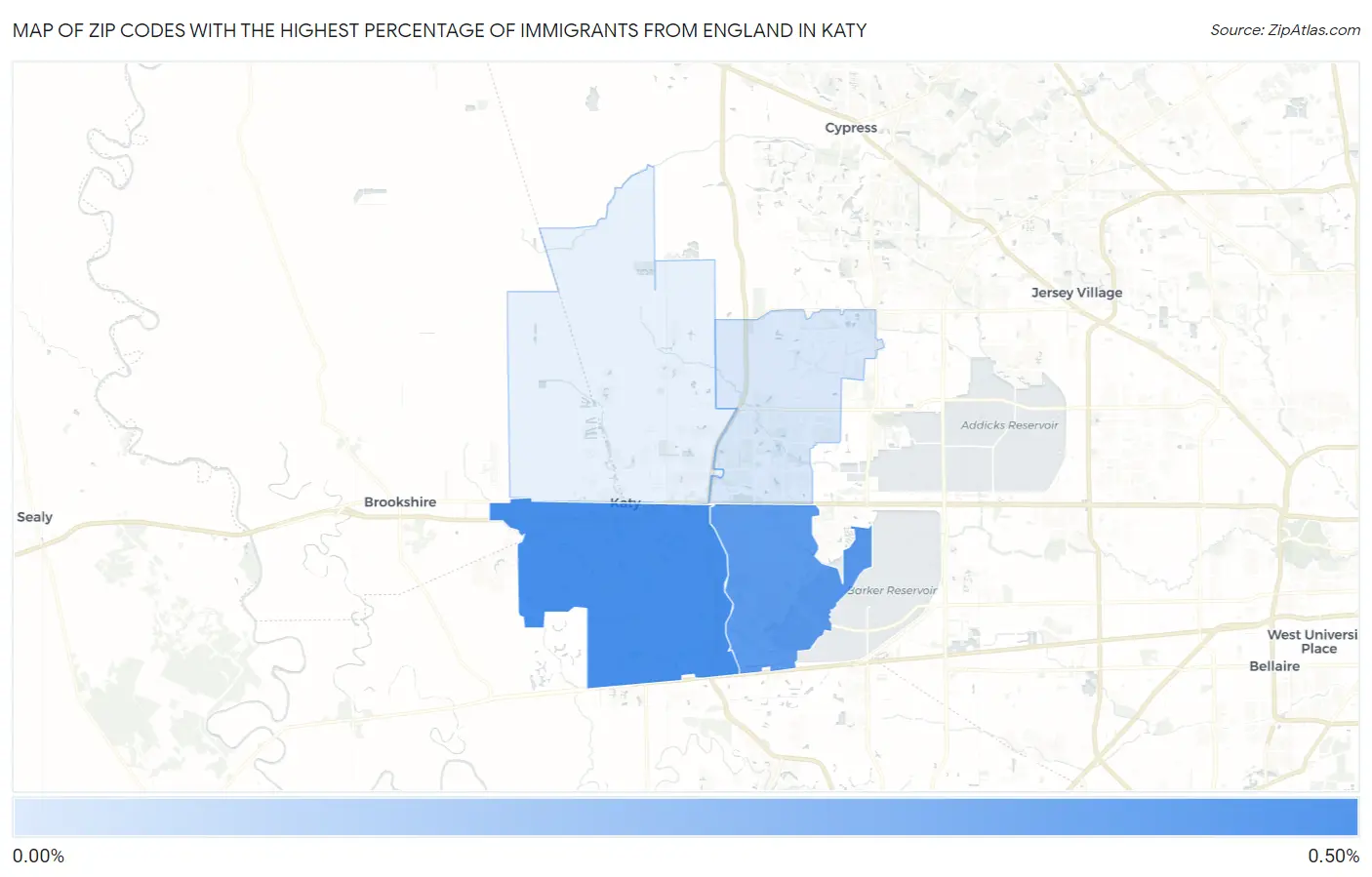 Zip Codes with the Highest Percentage of Immigrants from England in Katy Map