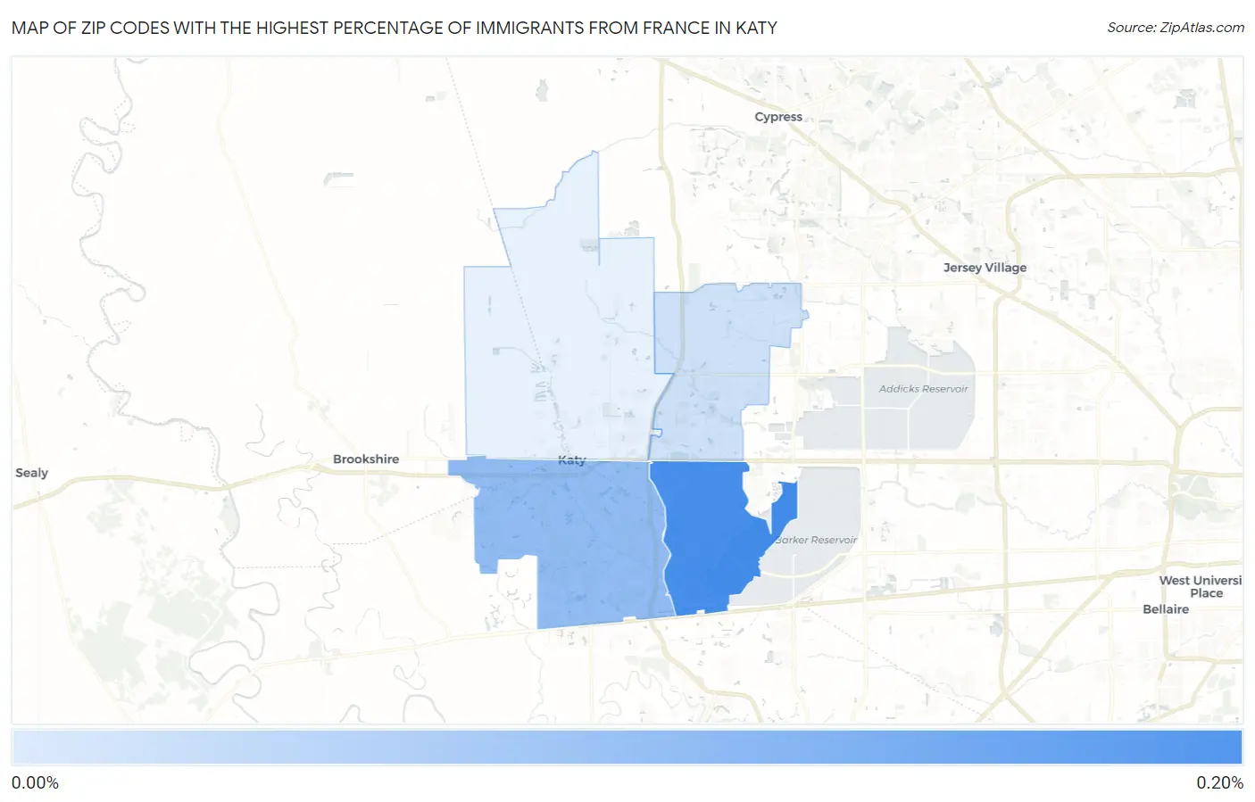 Zip Codes with the Highest Percentage of Immigrants from France in Katy Map