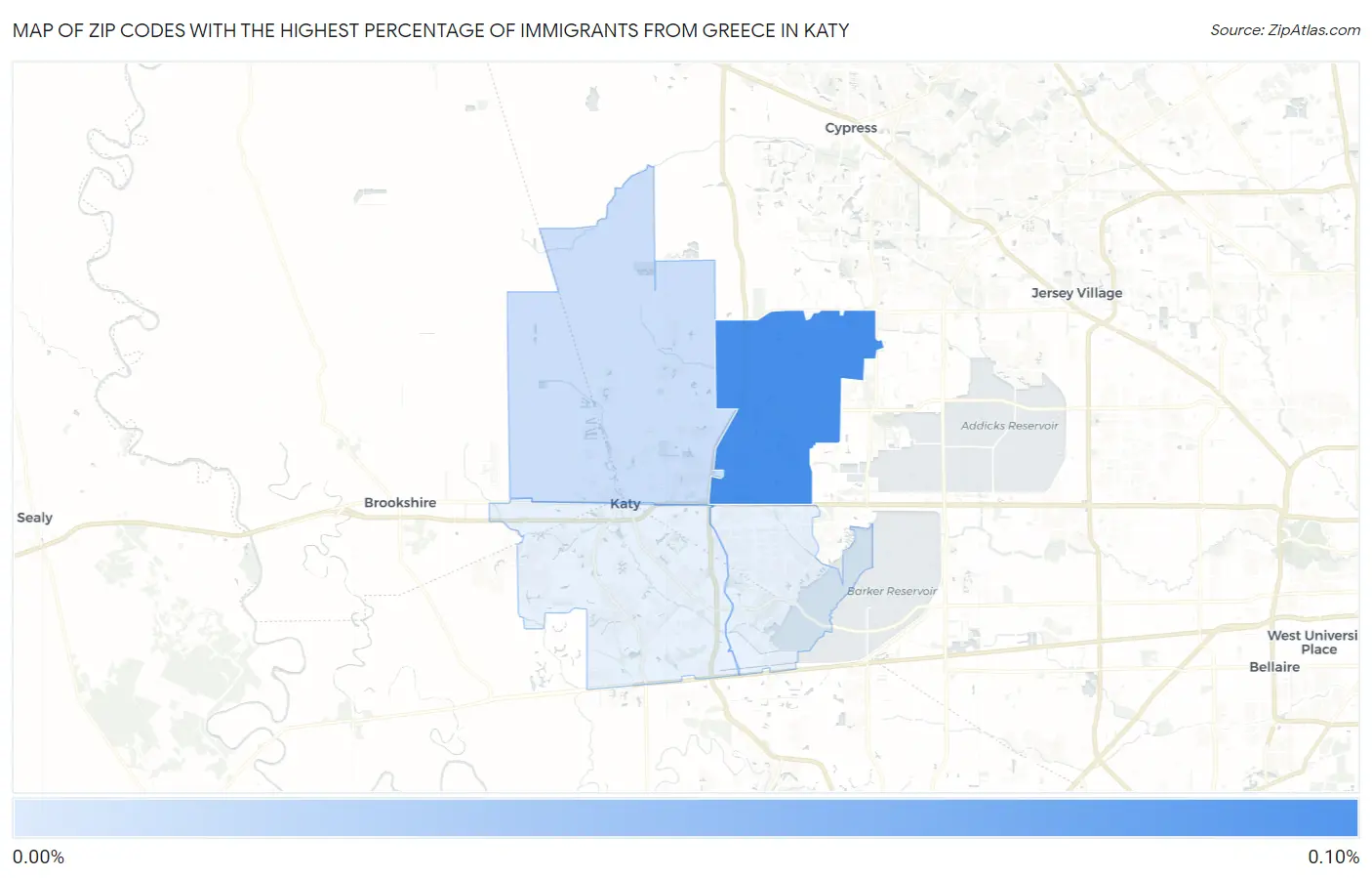 Zip Codes with the Highest Percentage of Immigrants from Greece in Katy Map