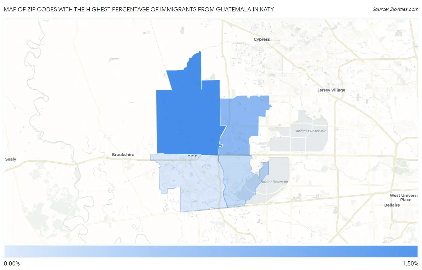 Zip Codes with the Highest Percentage of Immigrants from Guatemala in Katy Map