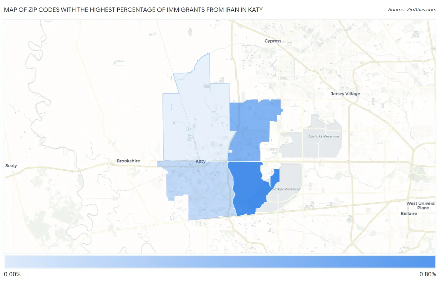 Zip Codes with the Highest Percentage of Immigrants from Iran in Katy Map