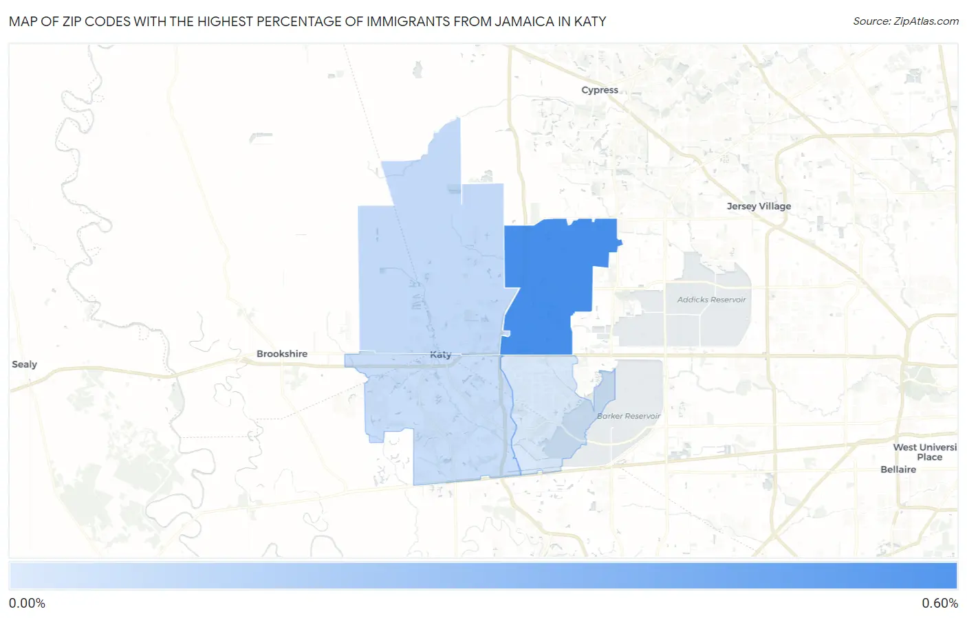 Zip Codes with the Highest Percentage of Immigrants from Jamaica in Katy Map