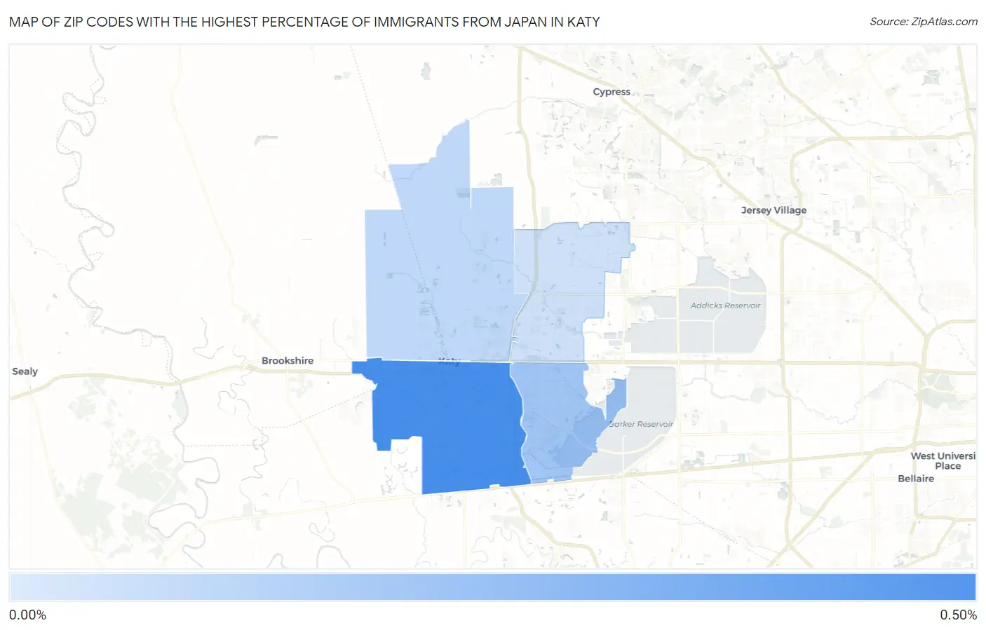 Zip Codes with the Highest Percentage of Immigrants from Japan in Katy Map