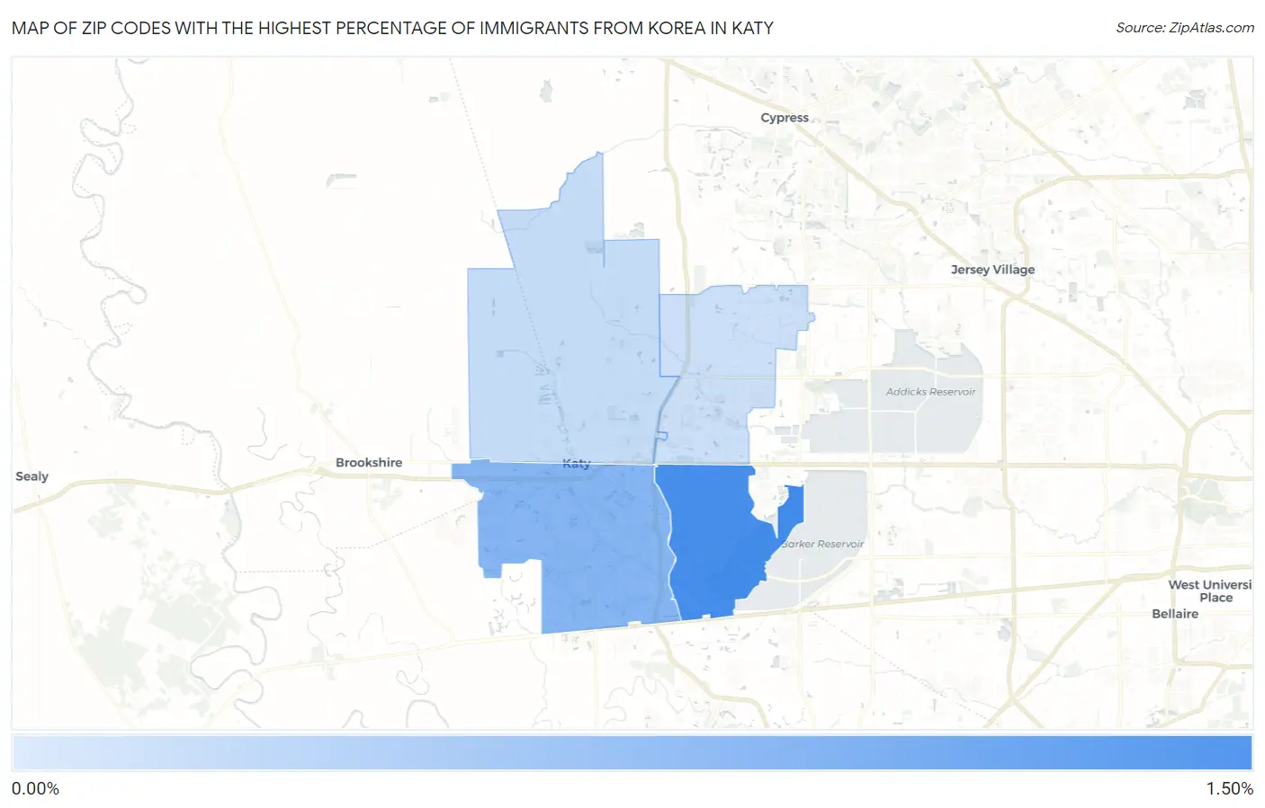 Zip Codes with the Highest Percentage of Immigrants from Korea in Katy Map