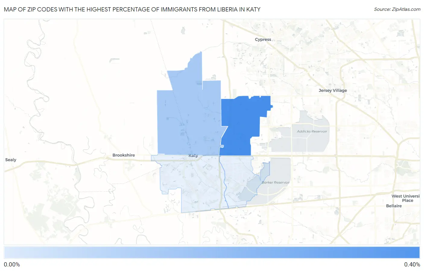 Zip Codes with the Highest Percentage of Immigrants from Liberia in Katy Map