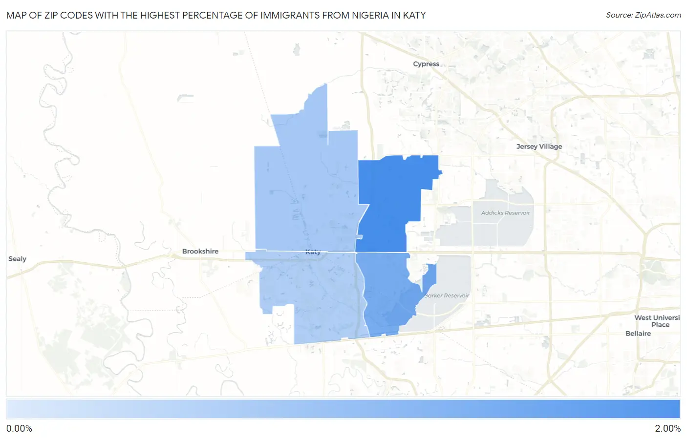 Zip Codes with the Highest Percentage of Immigrants from Nigeria in Katy Map