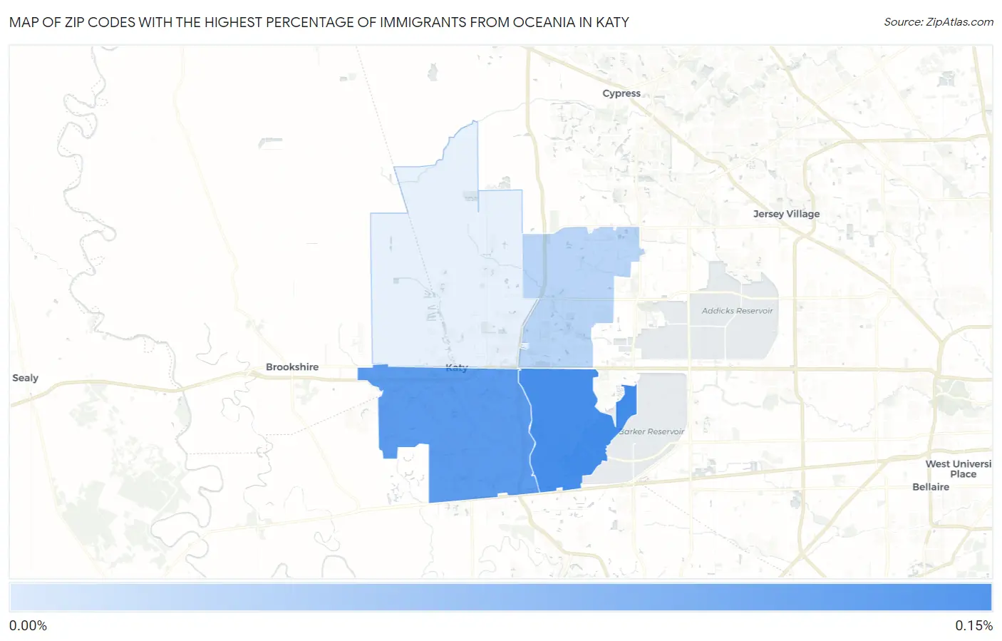Zip Codes with the Highest Percentage of Immigrants from Oceania in Katy Map