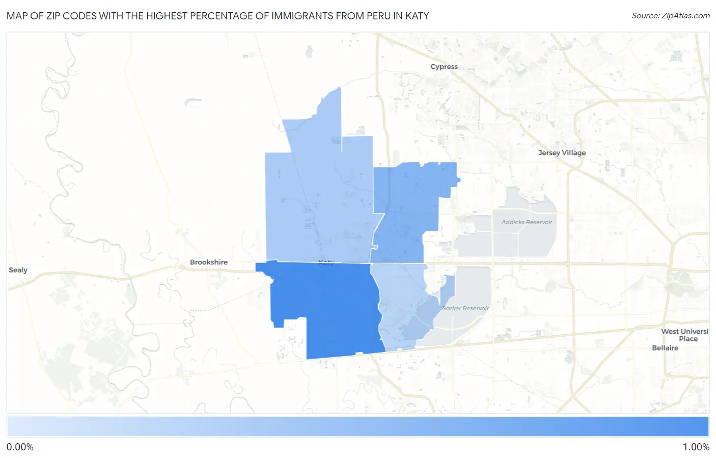 Zip Codes with the Highest Percentage of Immigrants from Peru in Katy Map