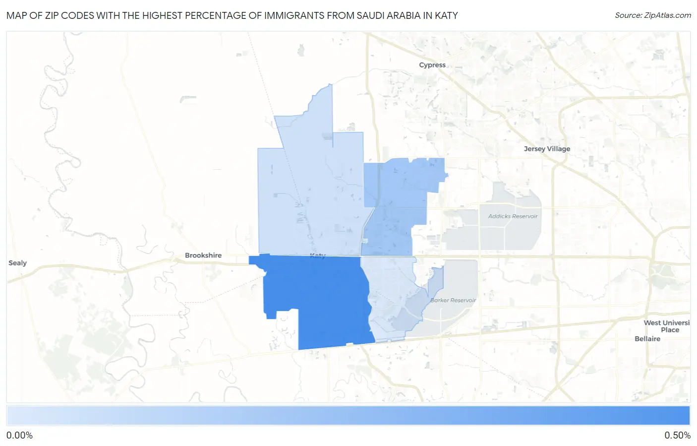 Zip Codes with the Highest Percentage of Immigrants from Saudi Arabia in Katy Map