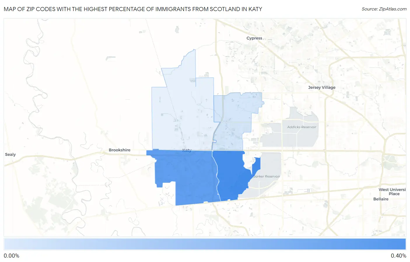 Zip Codes with the Highest Percentage of Immigrants from Scotland in Katy Map