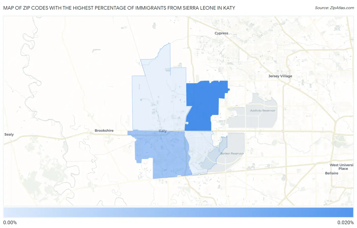 Zip Codes with the Highest Percentage of Immigrants from Sierra Leone in Katy Map
