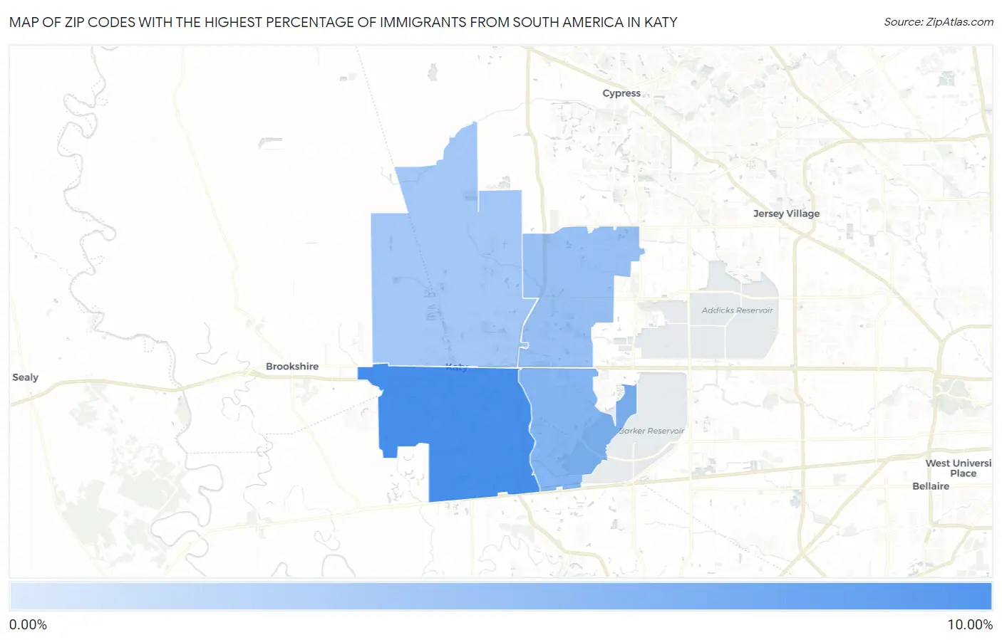Zip Codes with the Highest Percentage of Immigrants from South America in Katy Map
