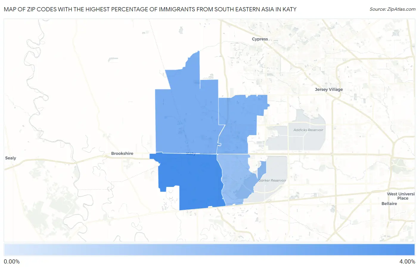 Zip Codes with the Highest Percentage of Immigrants from South Eastern Asia in Katy Map