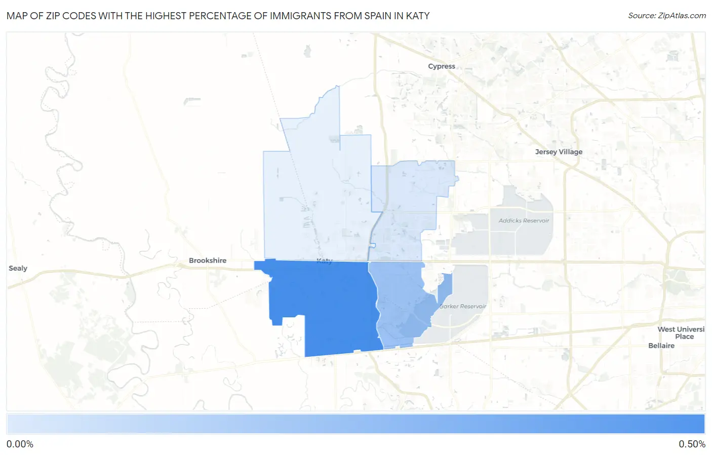 Zip Codes with the Highest Percentage of Immigrants from Spain in Katy Map