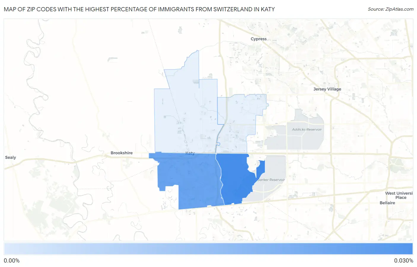 Zip Codes with the Highest Percentage of Immigrants from Switzerland in Katy Map