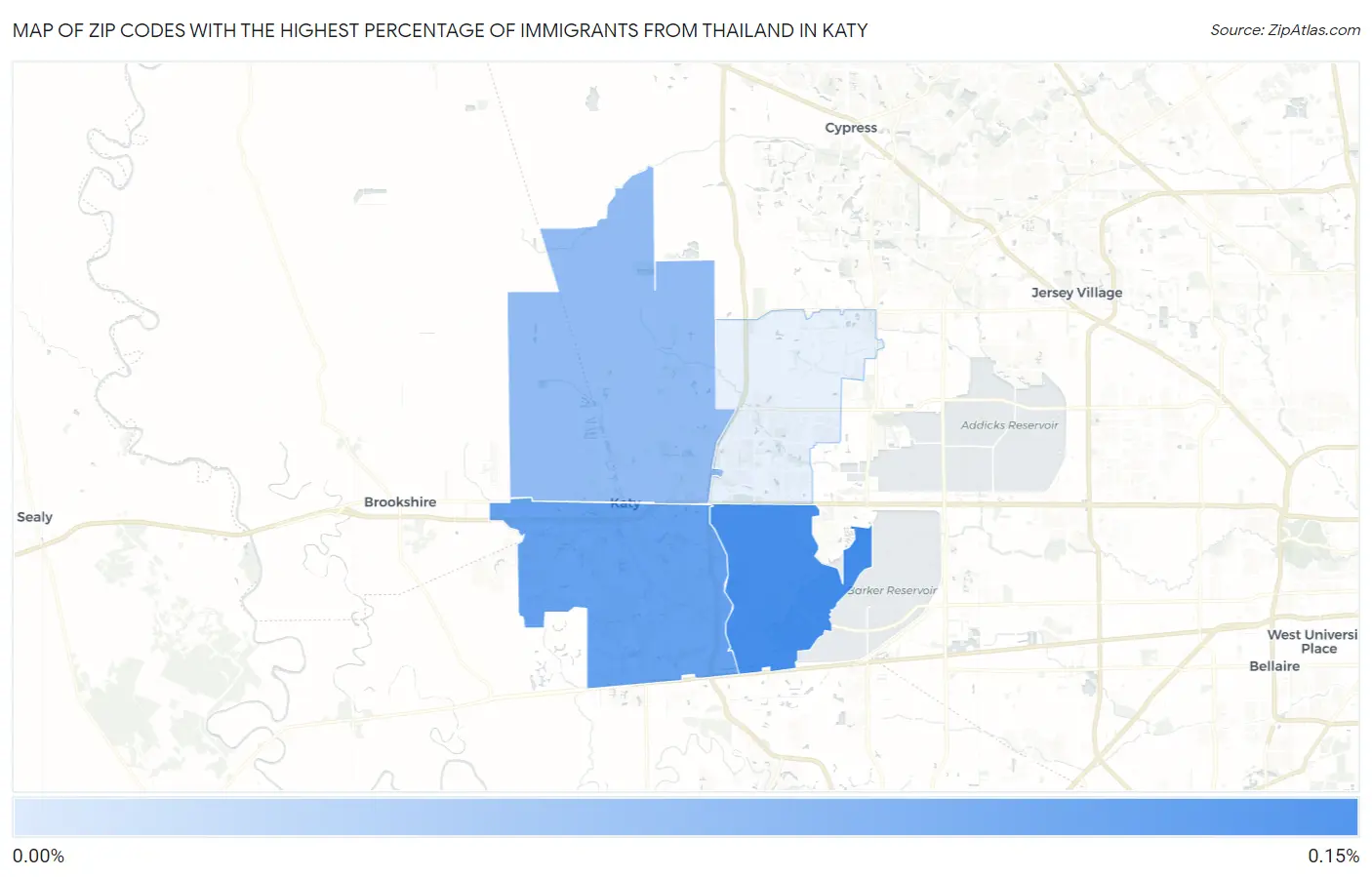 Zip Codes with the Highest Percentage of Immigrants from Thailand in Katy Map