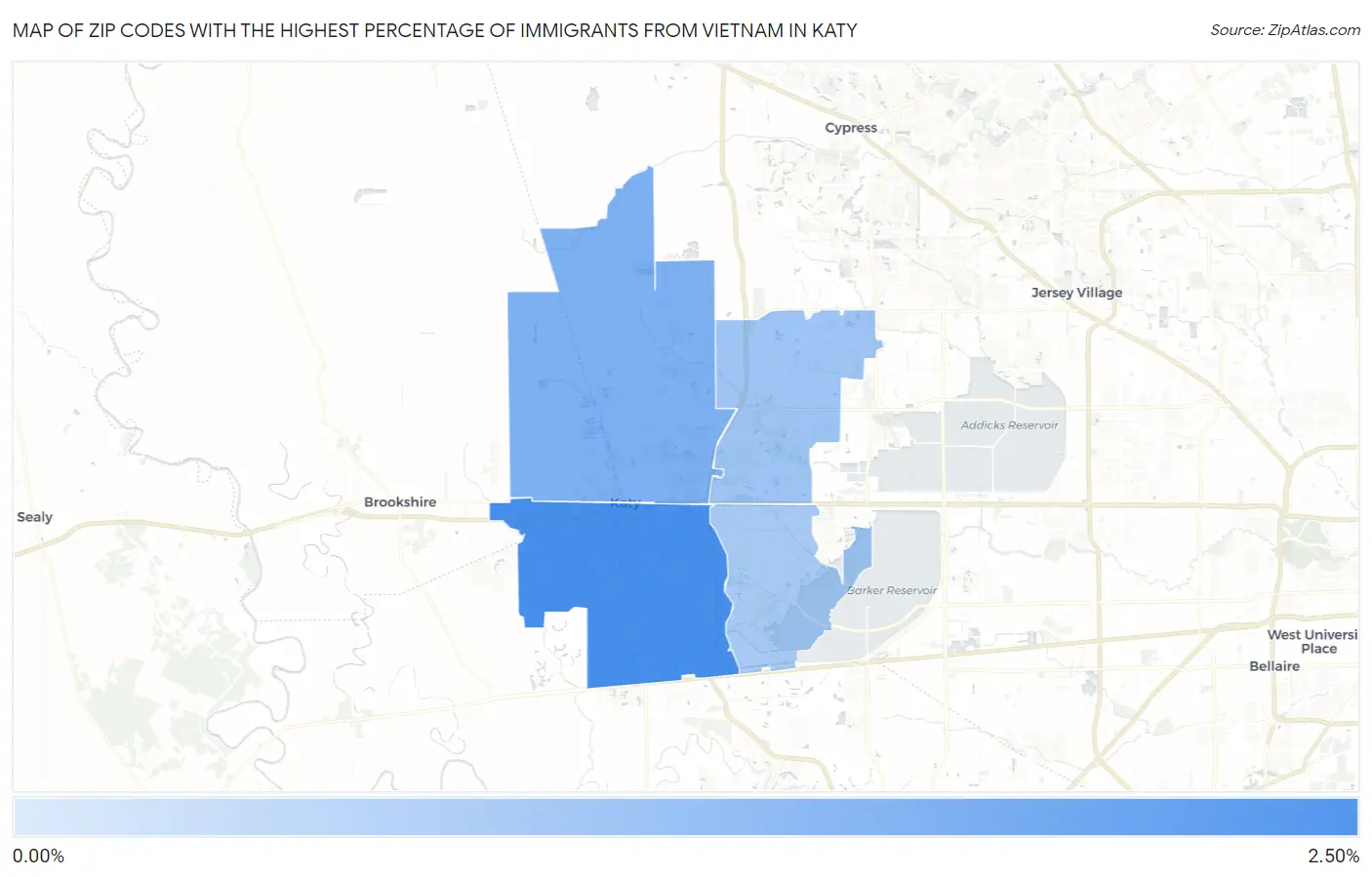Zip Codes with the Highest Percentage of Immigrants from Vietnam in Katy Map