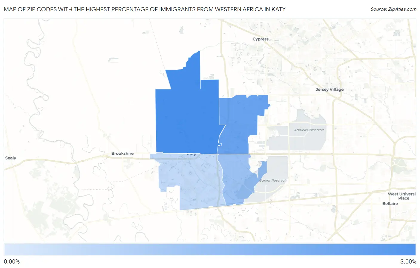 Zip Codes with the Highest Percentage of Immigrants from Western Africa in Katy Map