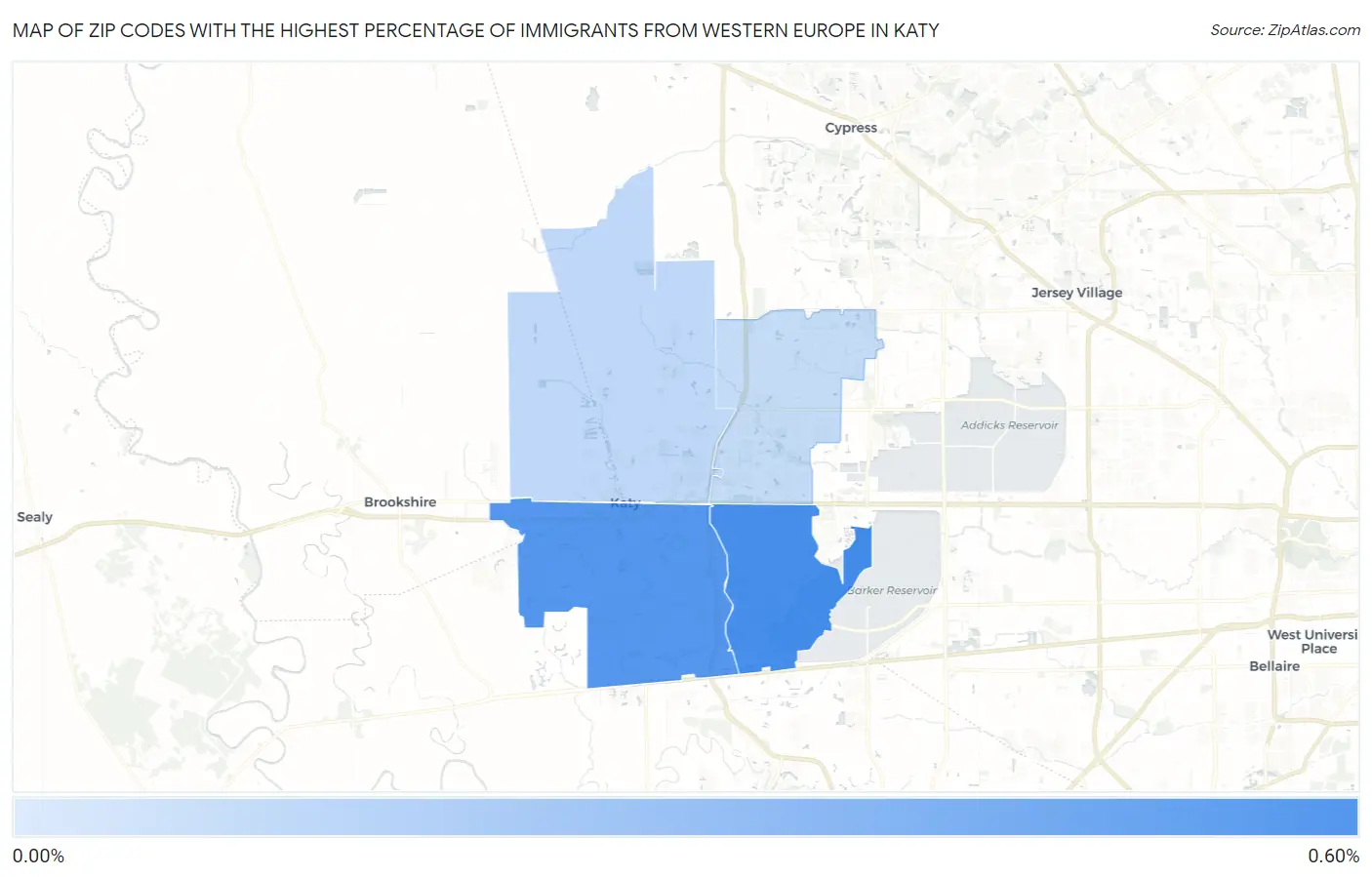 Zip Codes with the Highest Percentage of Immigrants from Western Europe in Katy Map