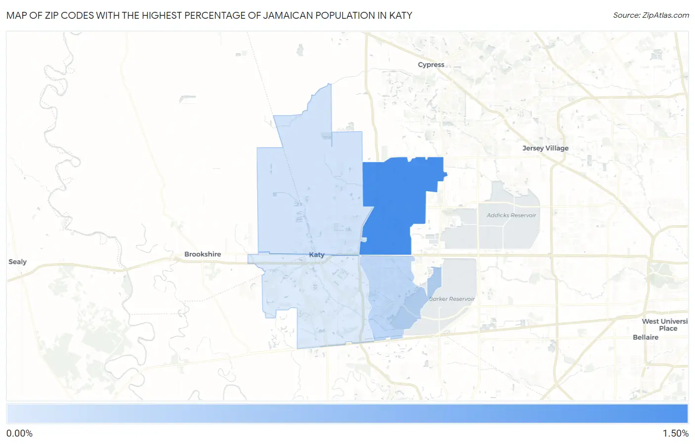Zip Codes with the Highest Percentage of Jamaican Population in Katy Map