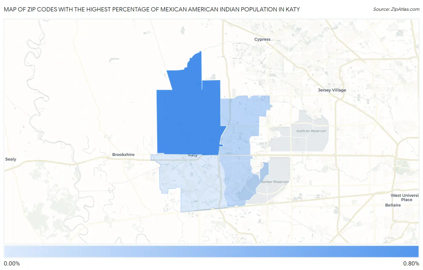 Zip Codes with the Highest Percentage of Mexican American Indian Population in Katy Map