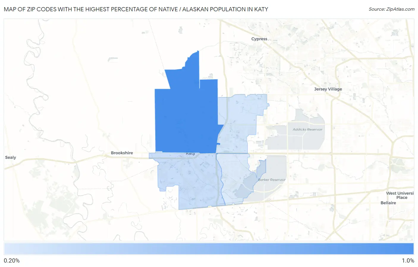 Zip Codes with the Highest Percentage of Native / Alaskan Population in Katy Map