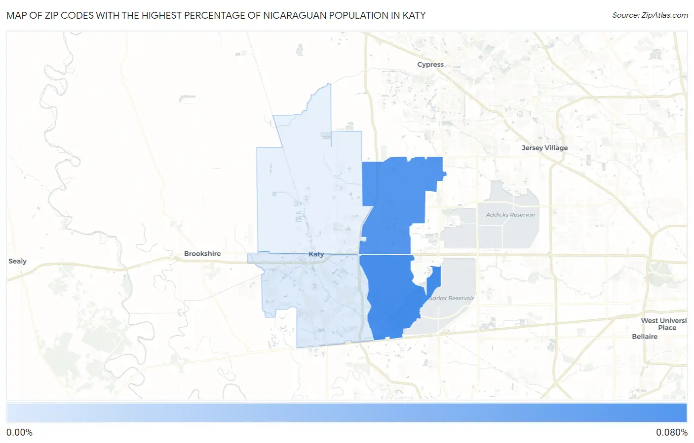Zip Codes with the Highest Percentage of Nicaraguan Population in Katy Map