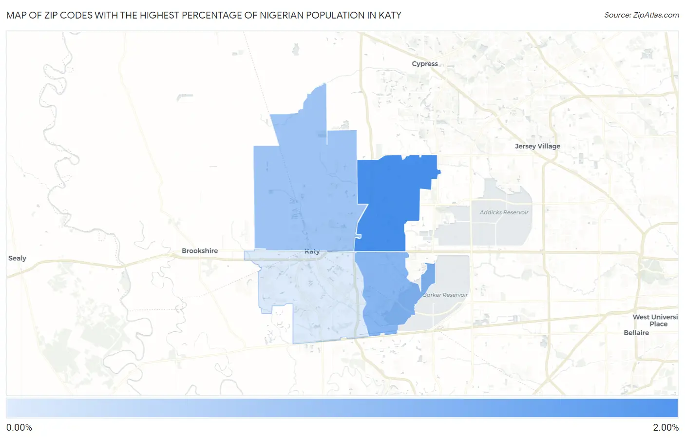 Zip Codes with the Highest Percentage of Nigerian Population in Katy Map