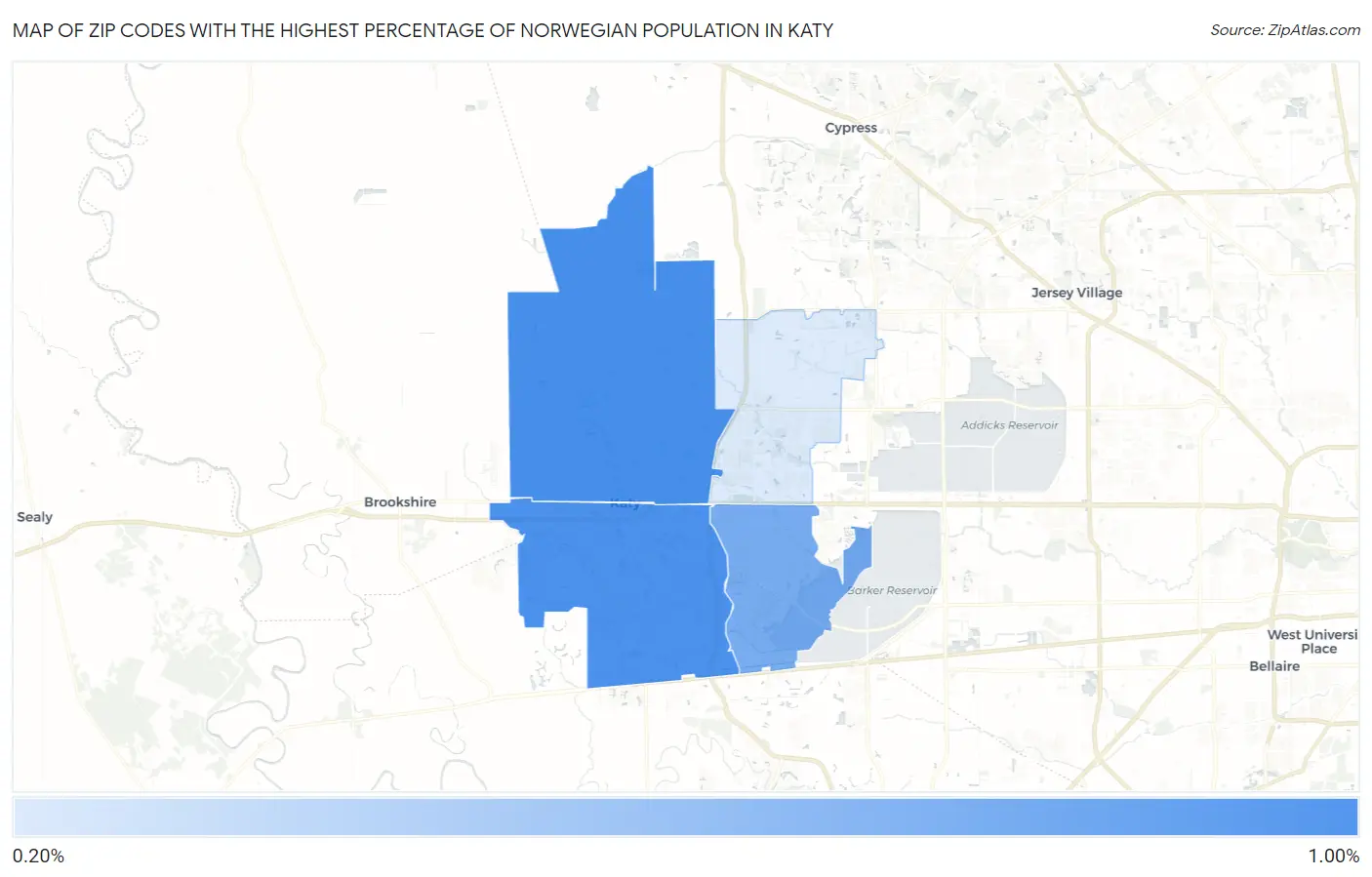 Zip Codes with the Highest Percentage of Norwegian Population in Katy Map