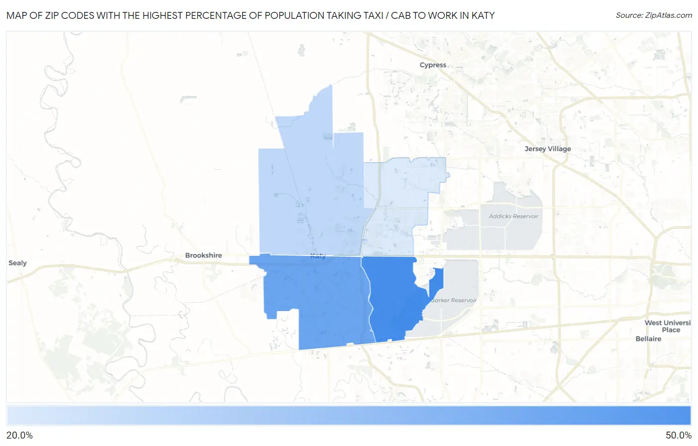 Zip Codes with the Highest Percentage of Population Taking Taxi / Cab to Work in Katy Map