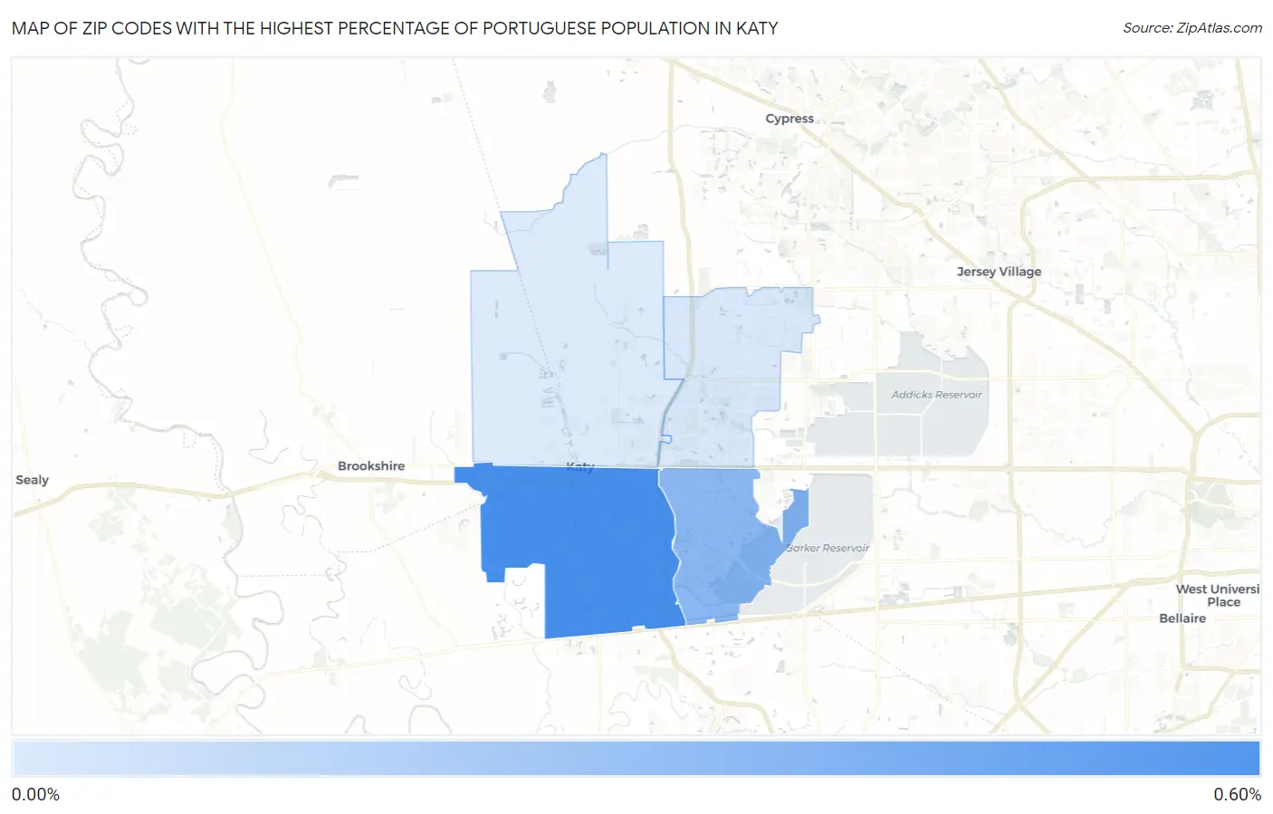 Zip Codes with the Highest Percentage of Portuguese Population in Katy Map