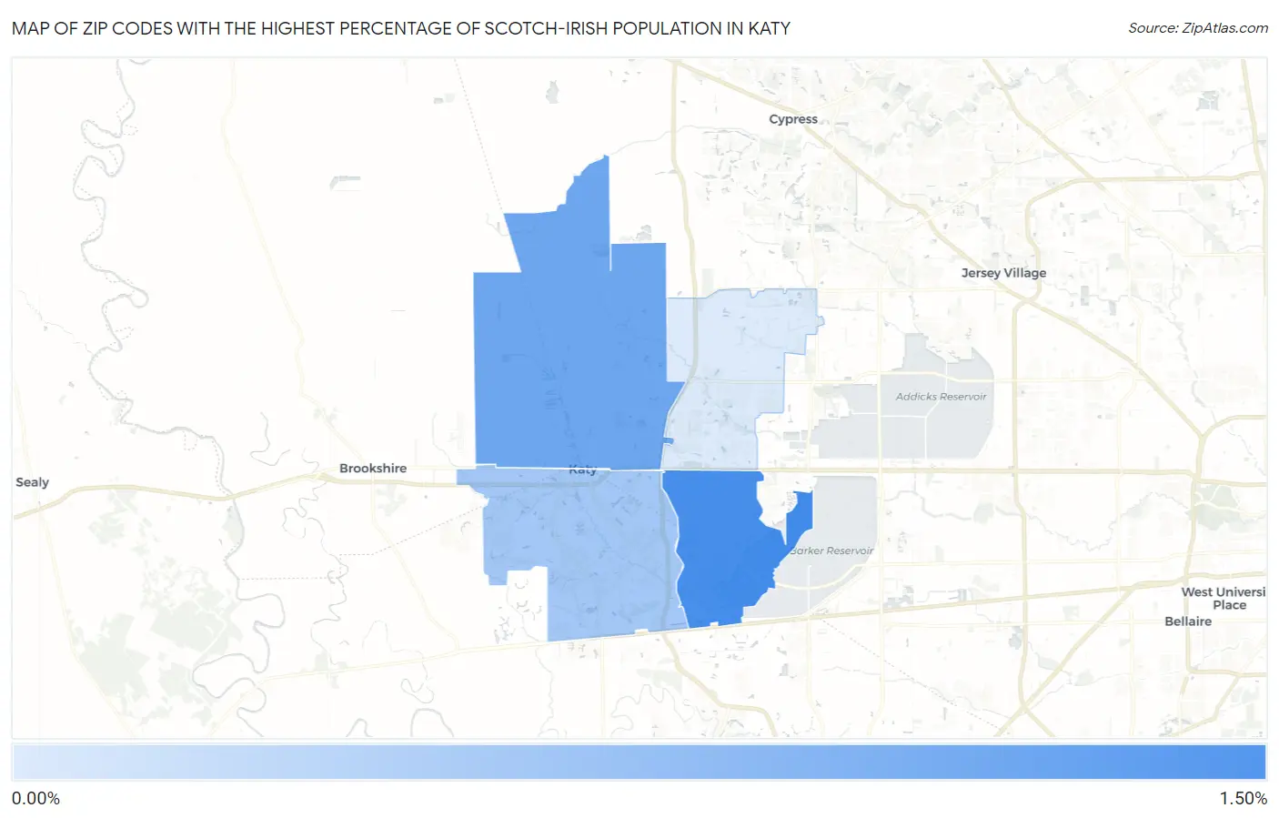 Zip Codes with the Highest Percentage of Scotch-Irish Population in Katy Map