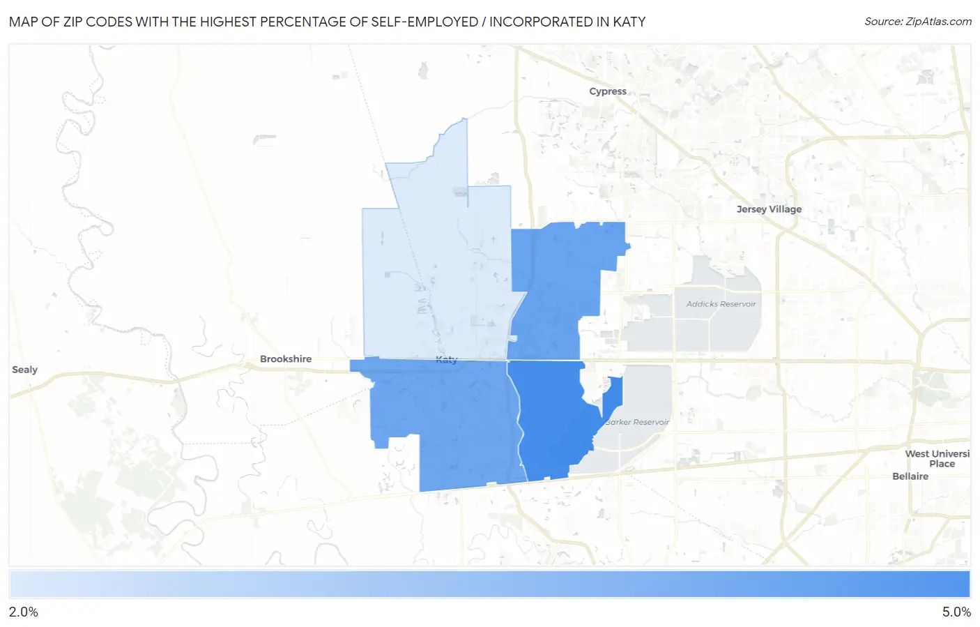 Zip Codes with the Highest Percentage of Self-Employed / Incorporated in Katy Map
