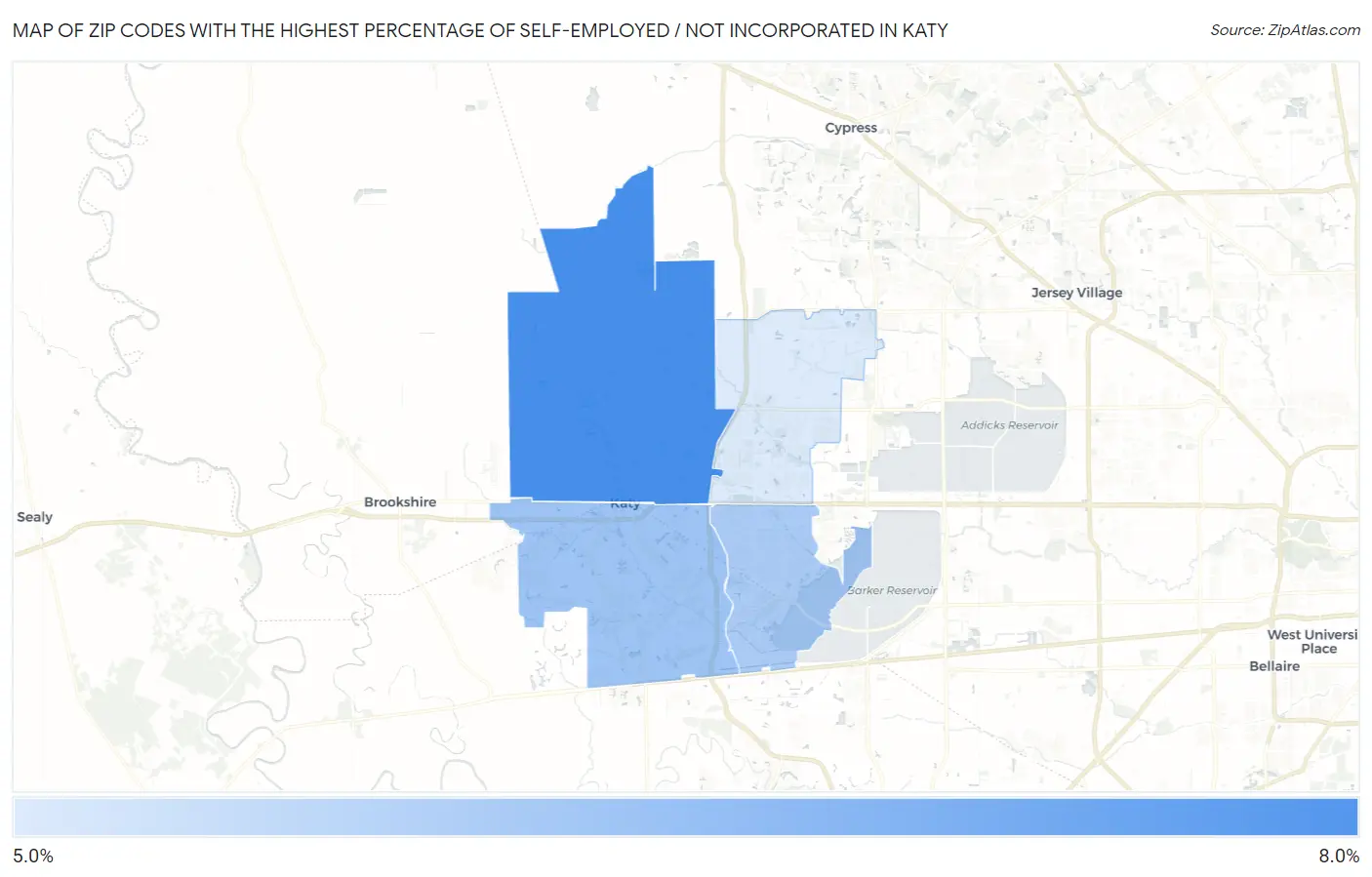 Zip Codes with the Highest Percentage of Self-Employed / Not Incorporated in Katy Map