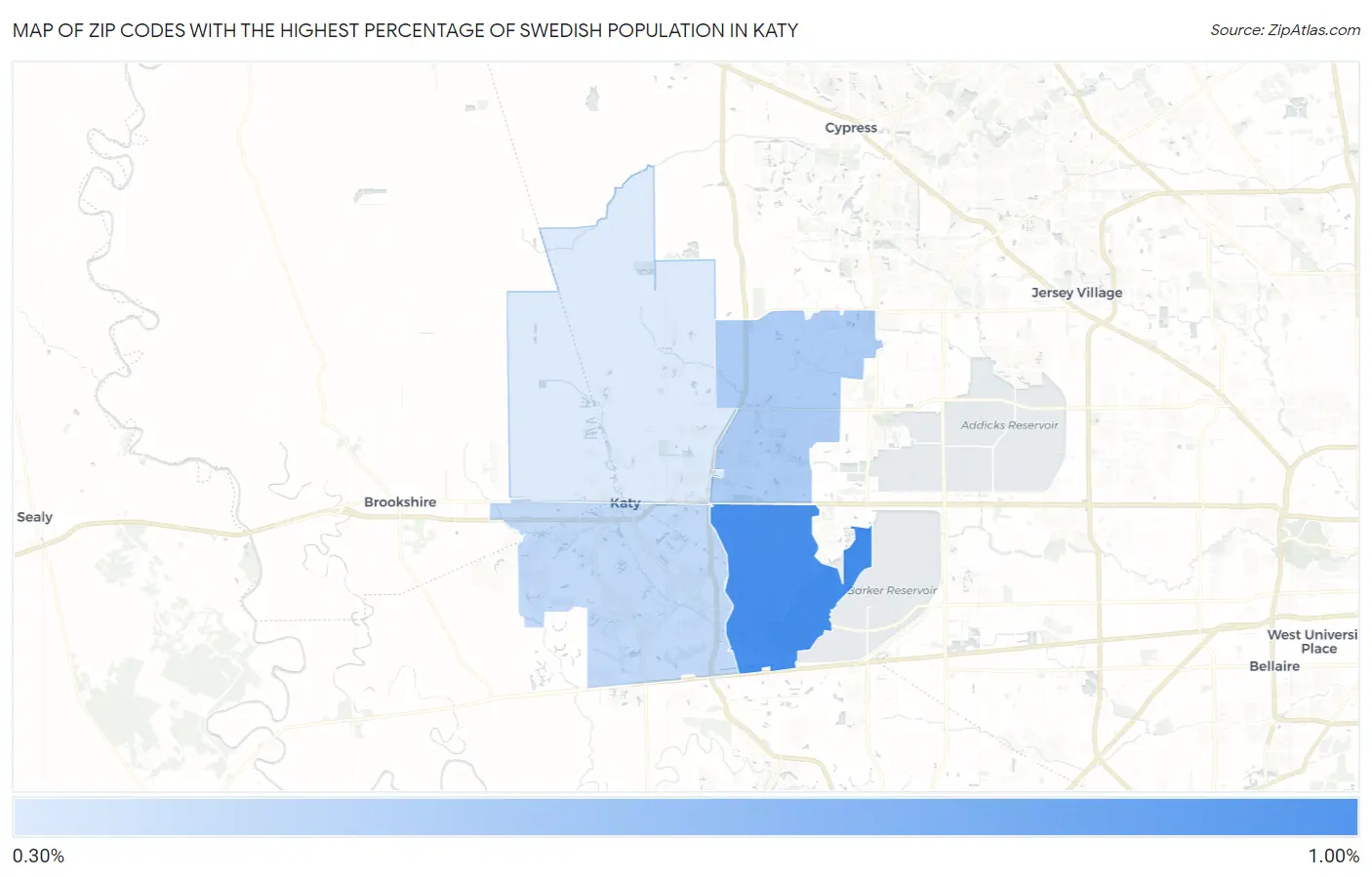Zip Codes with the Highest Percentage of Swedish Population in Katy Map