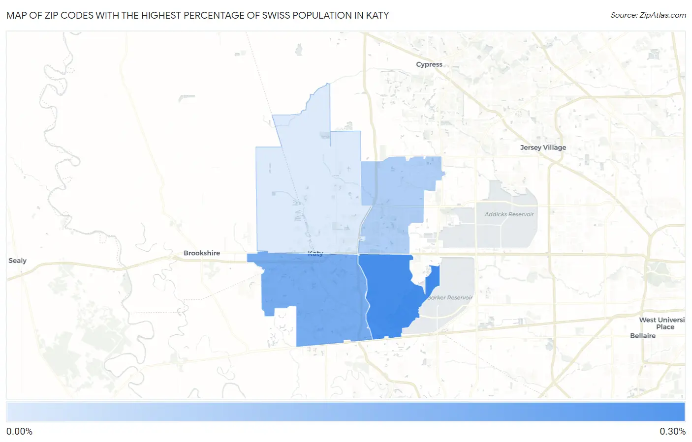 Zip Codes with the Highest Percentage of Swiss Population in Katy Map