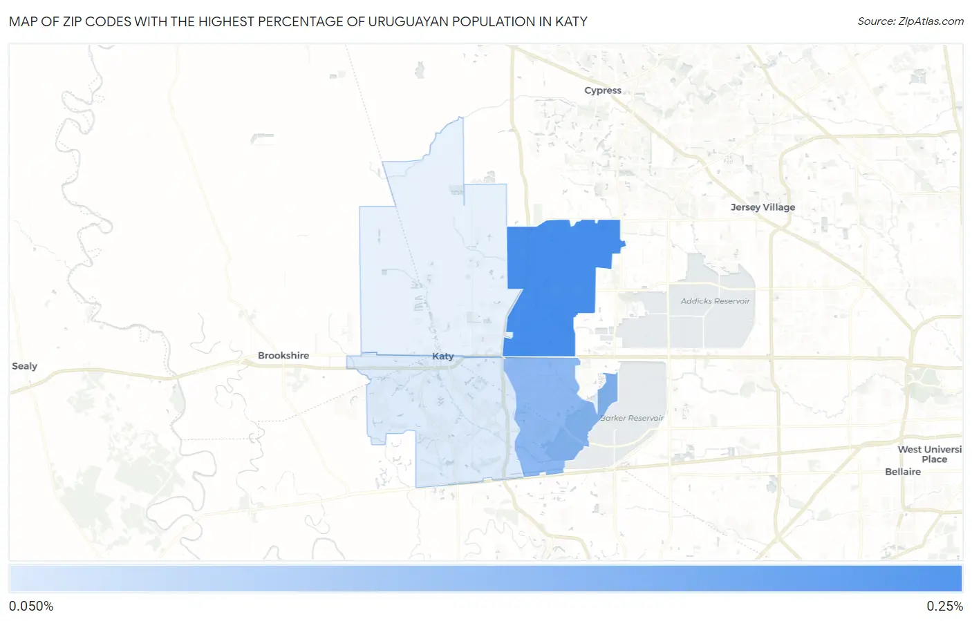 Zip Codes with the Highest Percentage of Uruguayan Population in Katy Map
