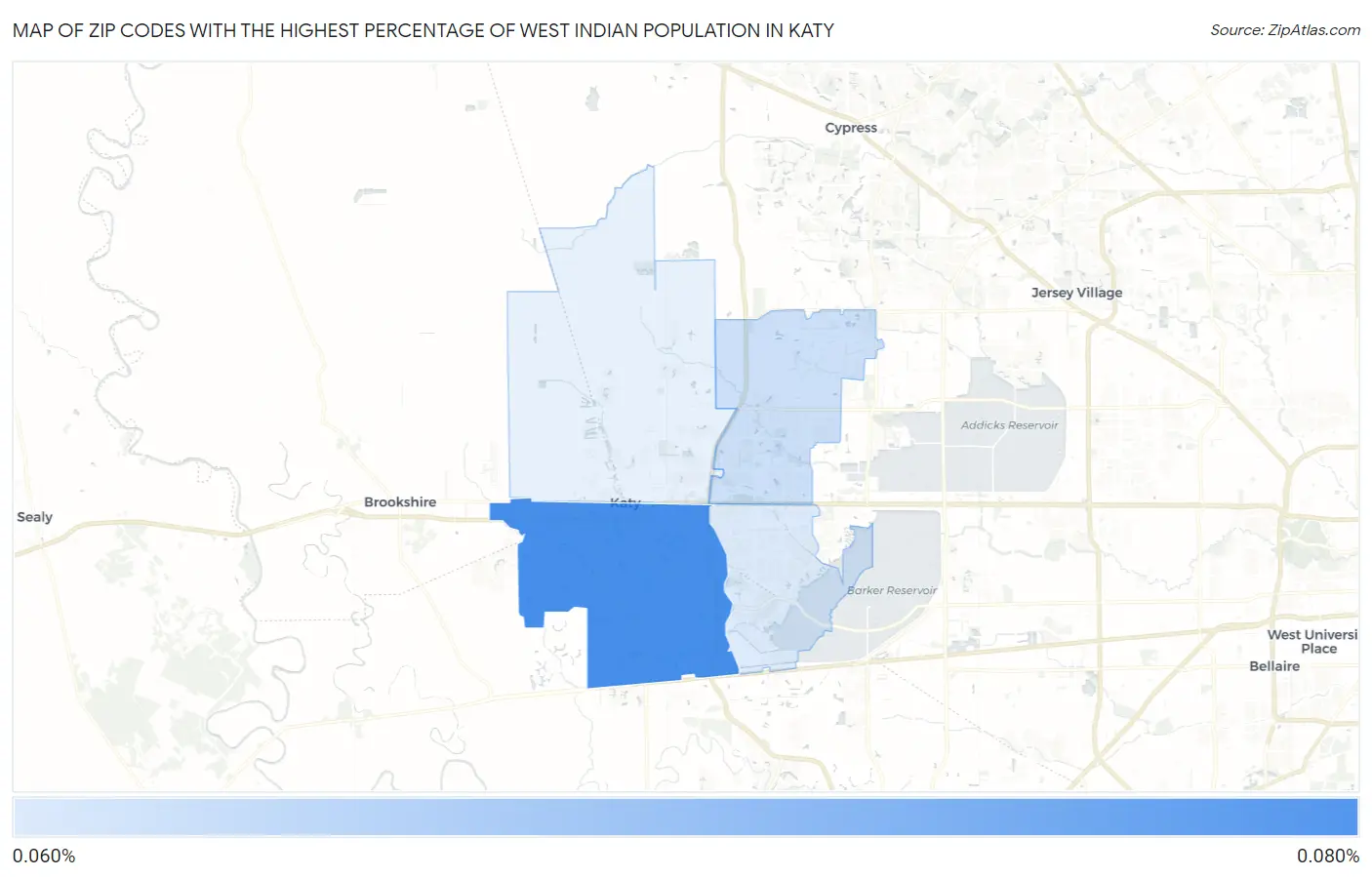 Zip Codes with the Highest Percentage of West Indian Population in Katy Map