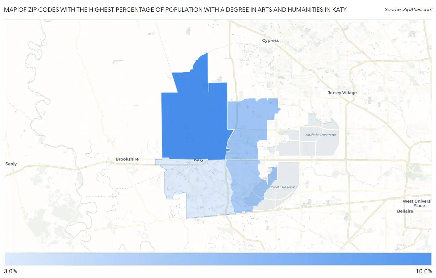 Zip Codes with the Highest Percentage of Population with a Degree in Arts and Humanities in Katy Map