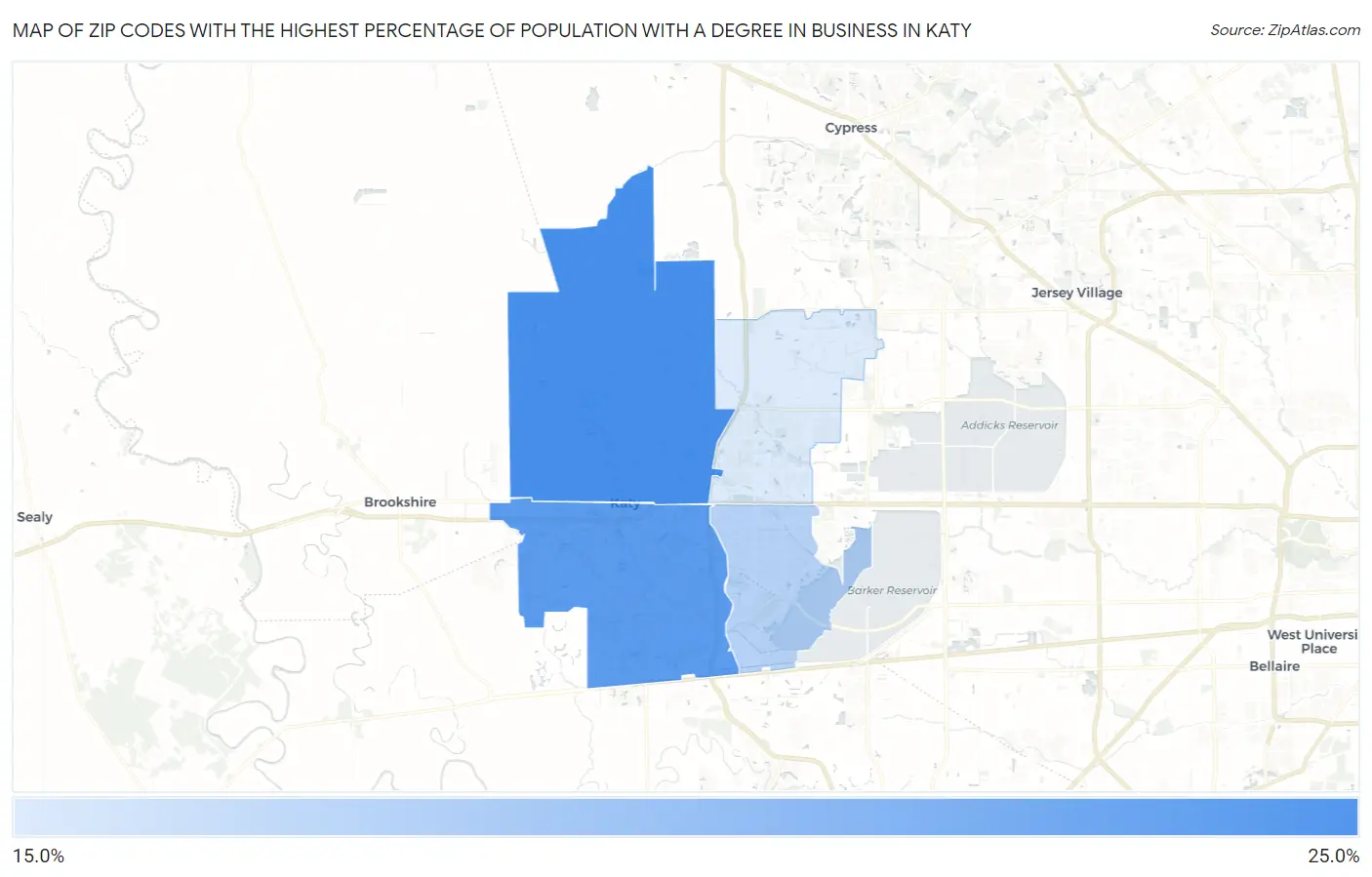 Zip Codes with the Highest Percentage of Population with a Degree in Business in Katy Map