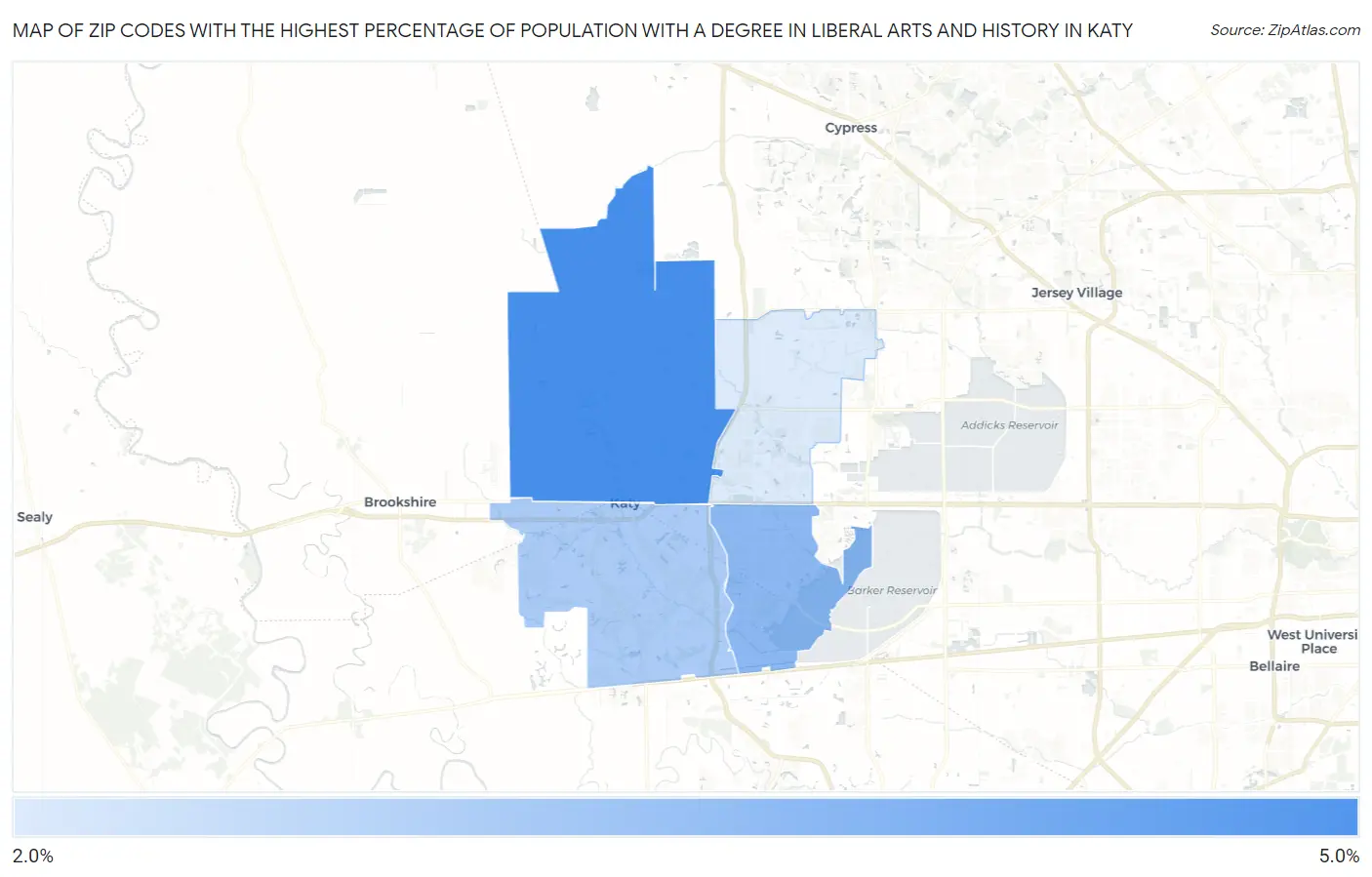 Zip Codes with the Highest Percentage of Population with a Degree in Liberal Arts and History in Katy Map