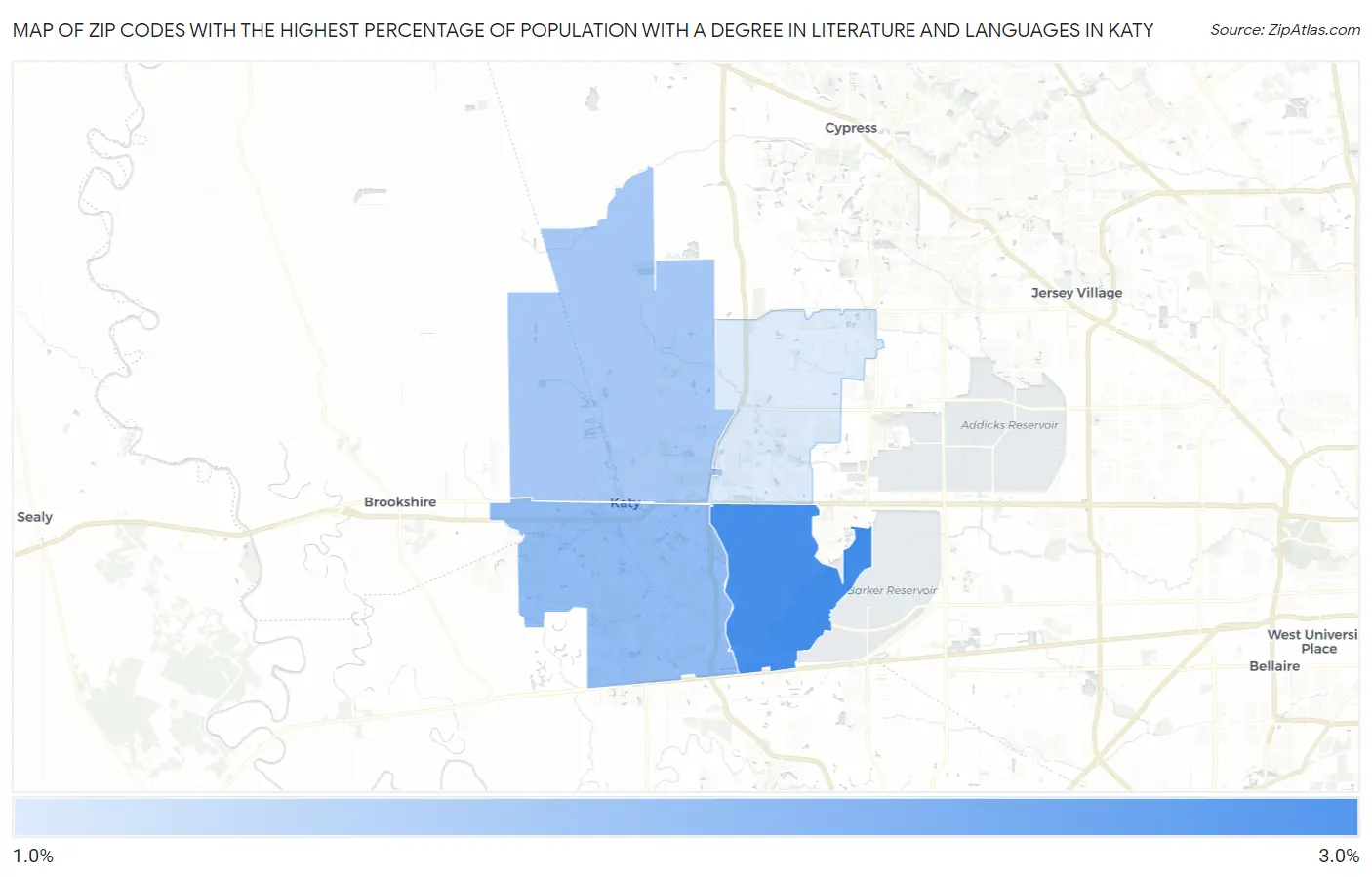 Zip Codes with the Highest Percentage of Population with a Degree in Literature and Languages in Katy Map