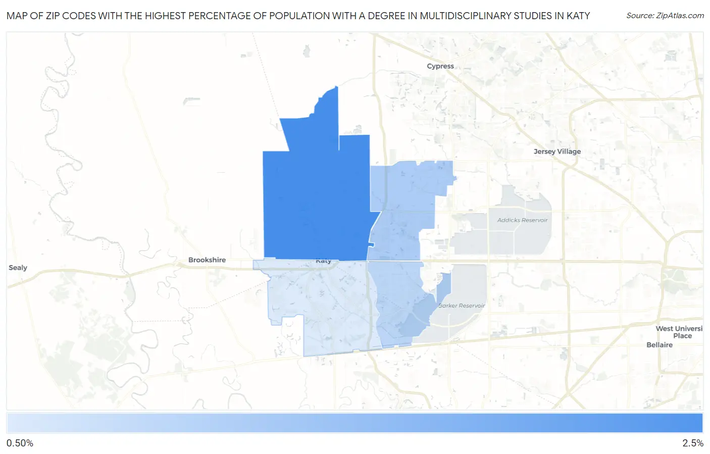 Zip Codes with the Highest Percentage of Population with a Degree in Multidisciplinary Studies in Katy Map